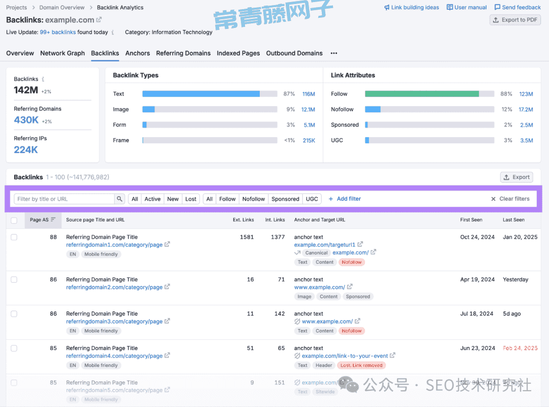 Backlink Analytics 的反向链接过滤器